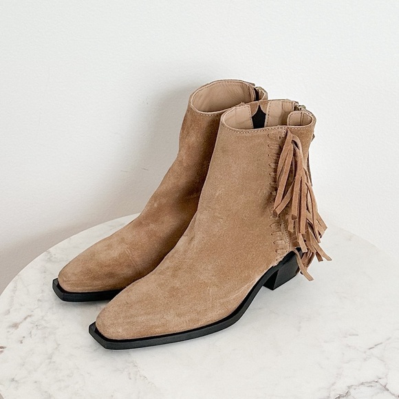 All Saints NEW Layla Cognac Sand Suede Fringe Zip Heel Ankle Booties Size 7 - Picture 6 of 12